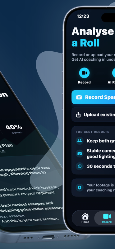 BJJ Vision AI analyse a roll — record or upload sparring footage